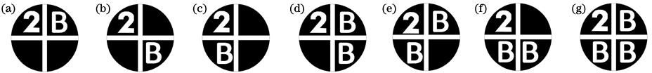 Coding logo design for number 2 and letter B. (a) 2-B-100; (b) 2-B-010; (c) 2-B-001; (d) 2-B-110; (e) 2-B-101; (f) 2-B-011; (g) 2-B-111