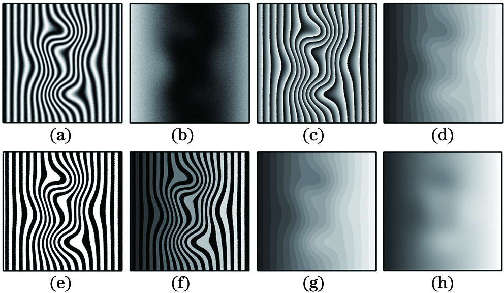 Simulated images. (a) Ih2(x,y);(b) Il2(x,y);(c) ϕh(x,y);(d) kh(x,y);(e) ML(x,y);(f) kL(x,y);(g) kc(x,y);(h) Φh(x,y)