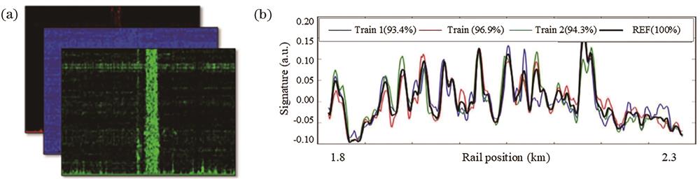 Information mining of DAS spatially dense data. (a) Three channel multi-dimension samples of disturbance event[54]; (b) rail view analysis[65]
