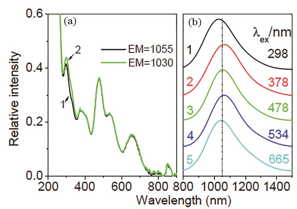 Luminescence characteristics of Ba2(1－x)B5O9Cl∶2x%Bi (x=0.7) [27]. (a) Excitation spectra (line 1: λem=1055 nm; line 2: λem=1030 nm); (b) emission spectra (line 1: λex=298 nm; line 2: λex=378 nm; line 3: λex=478 nm; line 4: λex=534 nm; line 5: λex=665 nm)