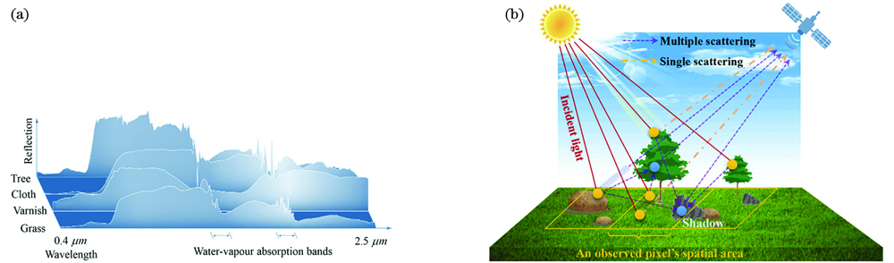 Acquisition of material spectrum. (a) Continuous spectral features[2]; (b) spectral mixing process of ground covers
