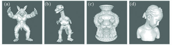 Original 3D meshes of LIRIS_Mask. (a) Armadillo;(b) Dinosaur;(c) Lion Head;(d) Bimba