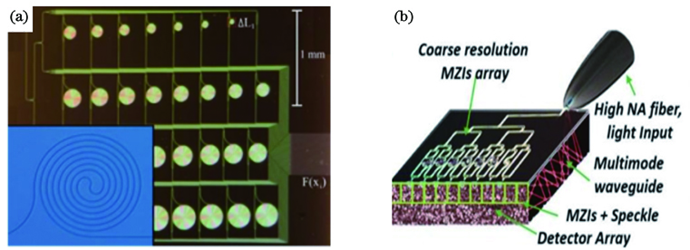Fourier-transform spectral element diagram. (a) Micrograph of Fourier-transform chip-scale spectrometer [4]; (b) chip-scale speckle enhanced Fourier-transform spectrometer [13]