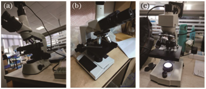 Physical image of the microscope and camera. (a) Color temperature is 4500 K; (b) color temperature is 6300 K; (c) color temperature is 7000 K