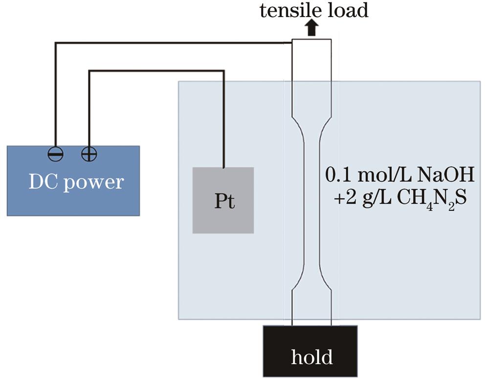 Schematic of in-situ electrochemical hydrogen charging tensile test