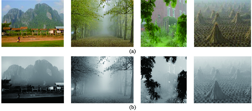 Real hazy images and their haze distribution. (a) Hazy images; (b) hazy distribution maps