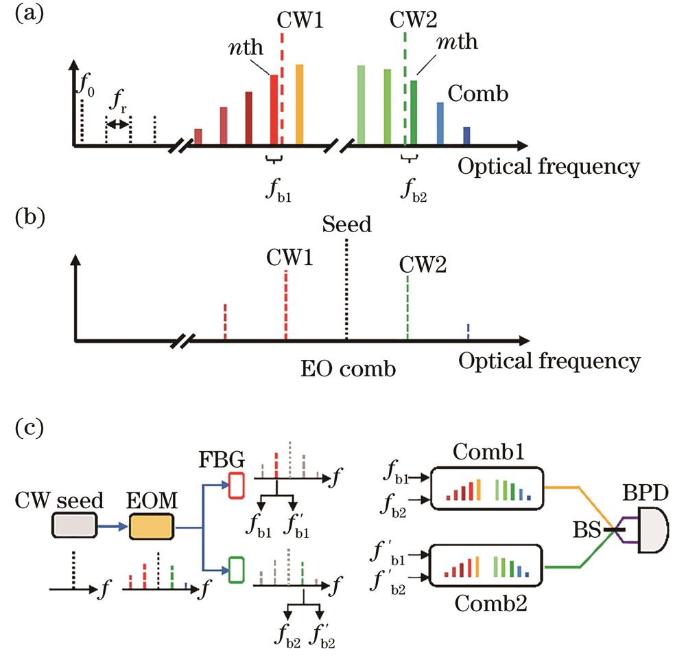 Frequency stabilization method of homologous asynchronous fiber optical comb. (a) Diagram of optical frequency comb; (b) sidebands generated by electro-optical modulation of a CW laser; (c) experimental scheme