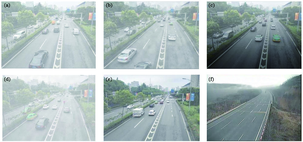 Visibility image obtained by instrument method. (a) Visibility is 126 m; (b) visibility is 145 m; (c) visibility is 199 m; (d) visibility is 90 m; (e) visibility is 324 m; (f) visibility is 120 m