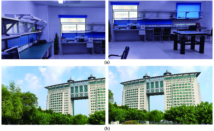 Experimental test images. (a) Laboratory; (b) building