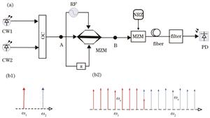Principle diagram of system and spectra of optical frequency comb. （a）Principle diagram;（b1）input and （b2） output carrier spectra of MZM
