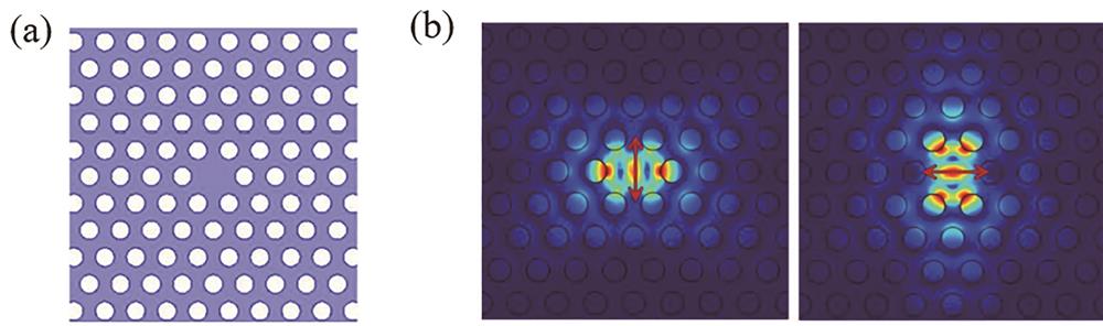 Photonic crystal microcavity[31]. (a) Point defect structure; (b) mode field distribution
