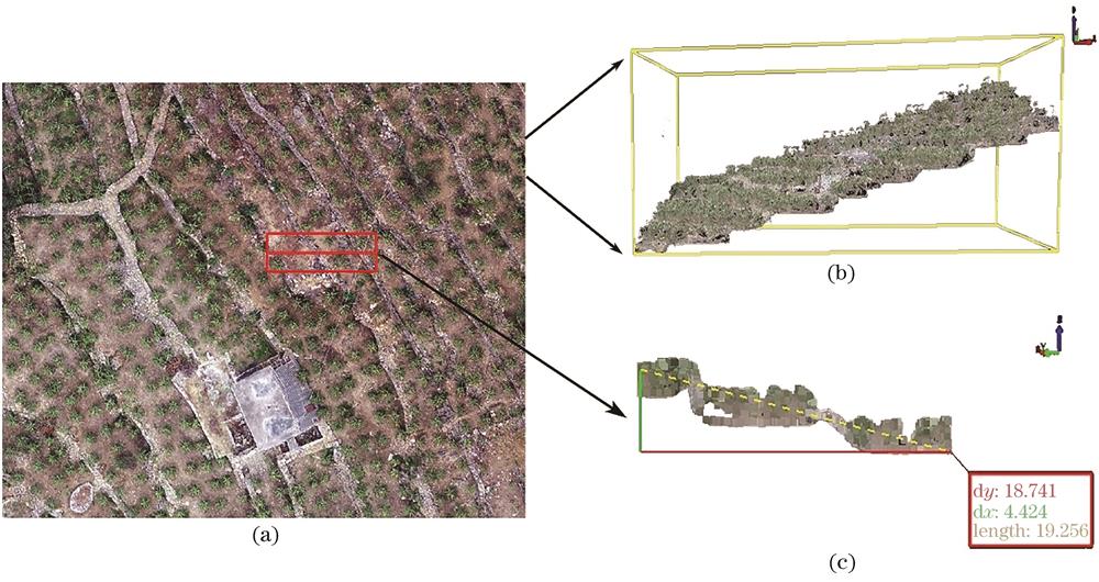 Method test area and profile of its point cloud data. (a) Visible remote sensing image; (b) image matching point cloud data;(c) point cloud data profile