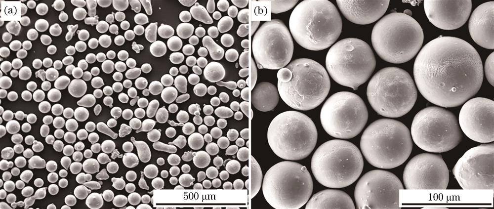 Morphologies of 304 stainless steel powder. (a) Low magnification; (b) high magnification