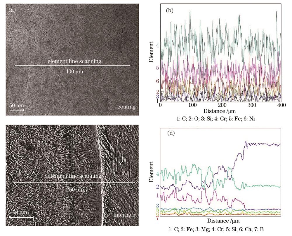 Line scanning results of elements in cladding layer. (a) SEM image of coating; (b) line scanning result of coating; (c) SEM image of interface; (d) line scanning result of interface