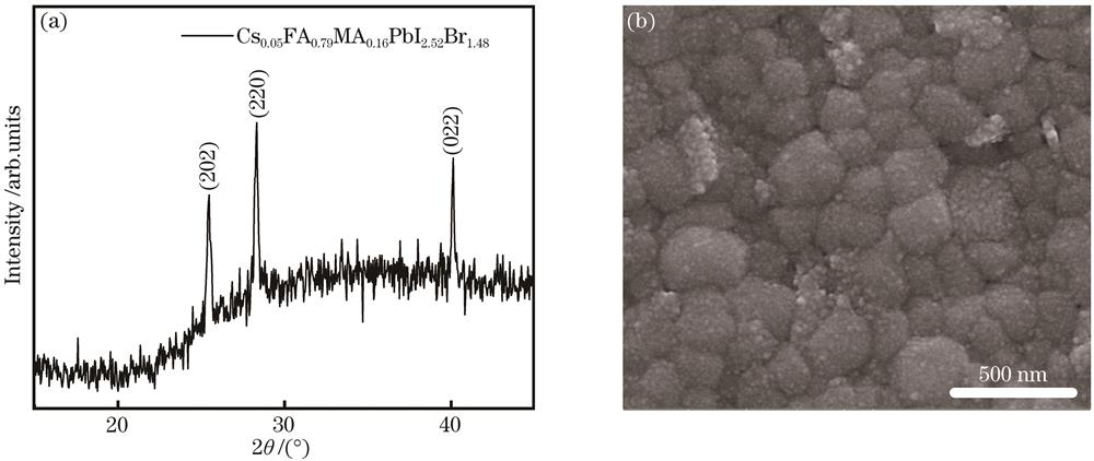 Basic characterization of FAMACsPbI2.52Br0.48 thin film. (a) XRD image; (b) SEM image