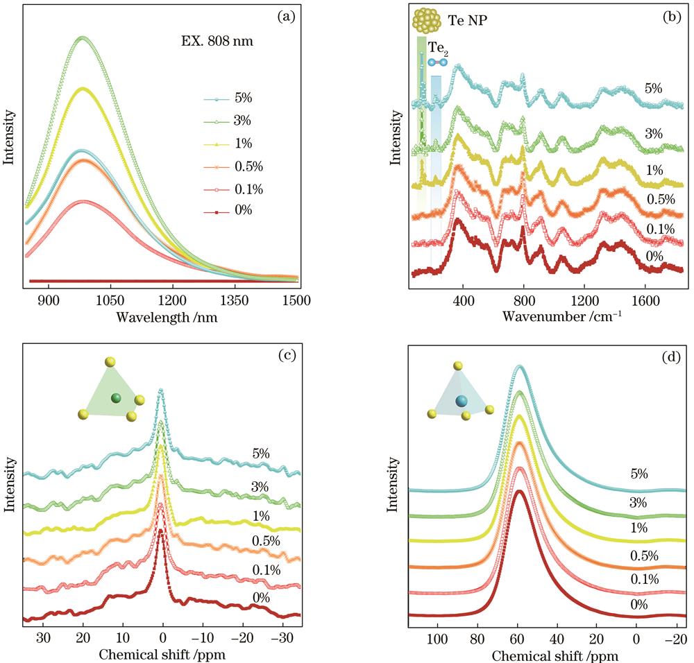 Luminescence properties and topological network structure of glass samples B-xC (x=0, 0.1, 0.5, 1, 3, 5) with different C content. (a) Emission spectrum pumped by 808 nm laser; (b) Raman spectrum; (c) 11B solid-state NMR spectrum; (d) 27Al solid-state NMR spectrum