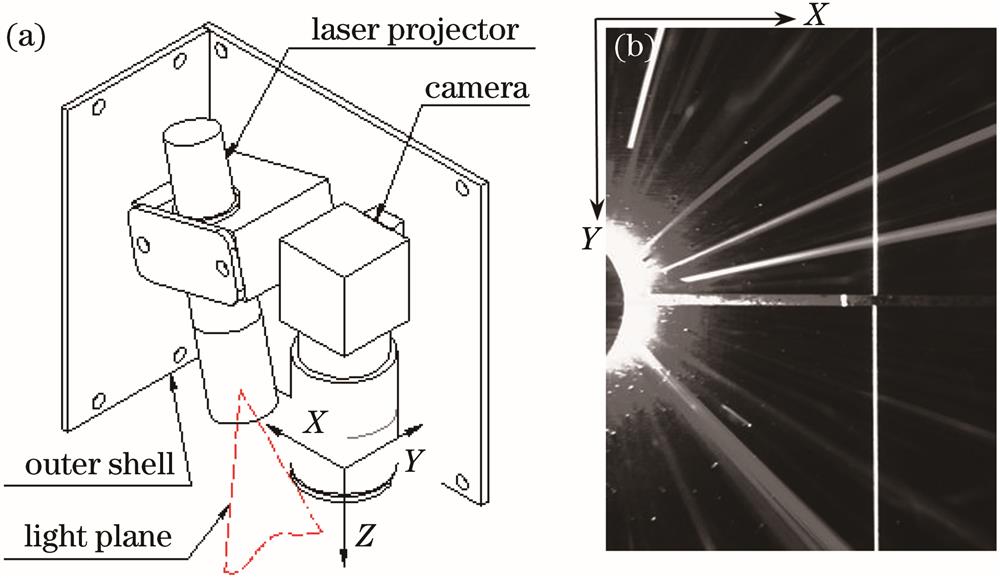 Mechanical structure of line structured light sensor and image sample. (a) Mechanical structure of sensor; (b) image captured by sensor
