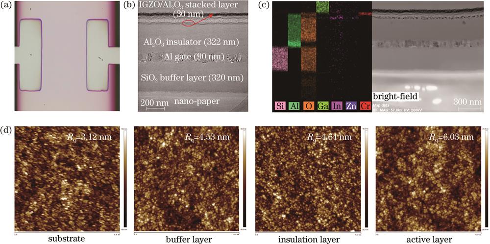 Microphotographs of TFT device.(a) Optical microscope image of TFT device with a smooth channel; (b) STEM image of TFT device; (c) EDS mapping of TFT device; (d) AFM images of substrate, buffer layer, insulation layer, and active layer of TFT device