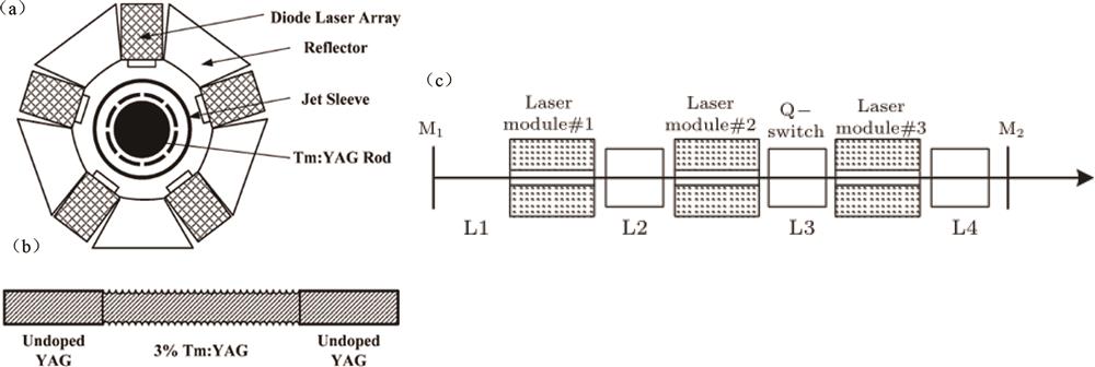 Tm∶YAG laser device. (a) Single laser module; (b) bonded Tm∶YAG crystal; (c) Tm∶YAG laser structure[19]