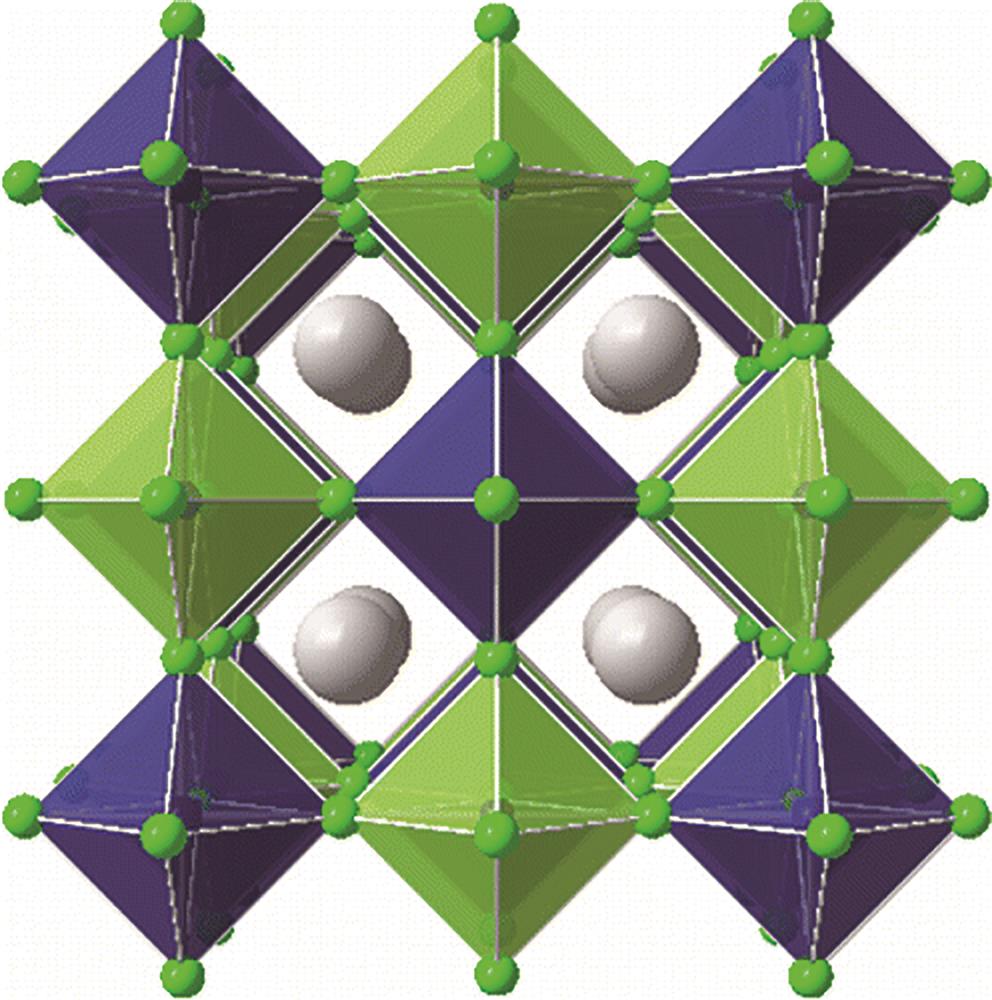 Refined crystal structure of Cs2AgBiBr6 (Cs+ ions are shown as big gray spheres, bromine ions as other small spheres, while Ag and Bi centered octahedra are shown as dark and light colour polyhedra, respectively)[37]