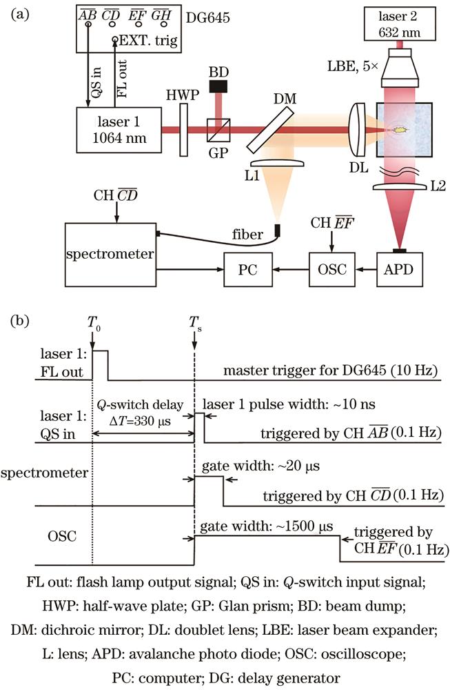 Liquid phase LIBS and laser-beam-transmission, combined detection. (a) Experimental setup; (b) timing sequences