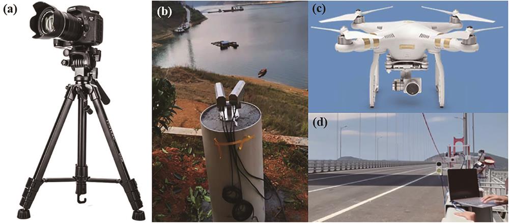 Platforms of videometrics. (a) Tripods; (b) fixed piers; (c) unmanned aerial vehicle; (d) unstable platforms