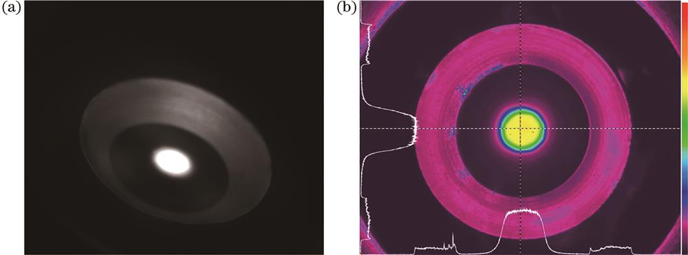 Pump distribution on the surface of thin-disk crystal in our home-made module. (a) Photography; (b) imaging of fluorescence