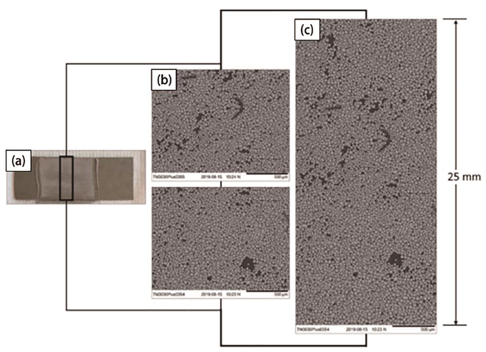 Backscatter diagram of powder layer along the spreading direction. (a) Photo of the powder layer; (b) SEM images of the powder layer; (c) powder laying image combination in rectangle of Fig. (a)[33]