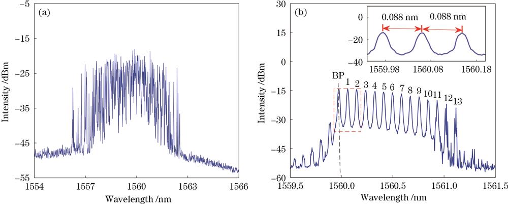 Output spectrum of Brillouin-erbium-doped random fiber laser when PTLS is 0 and 5 mW, respectively. (a) PTLS=0; (b) PTLS=5 mW