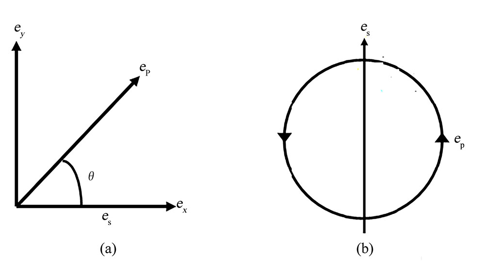(a) Polarization figure of pump and Stokes beams for linear polarization. ep an es are unit vector of polarization of pump and Stokes beams and θ is cross angle between them; (b) Polarization figure for linearly polarized Stokes beamand circularly polarized pump beam