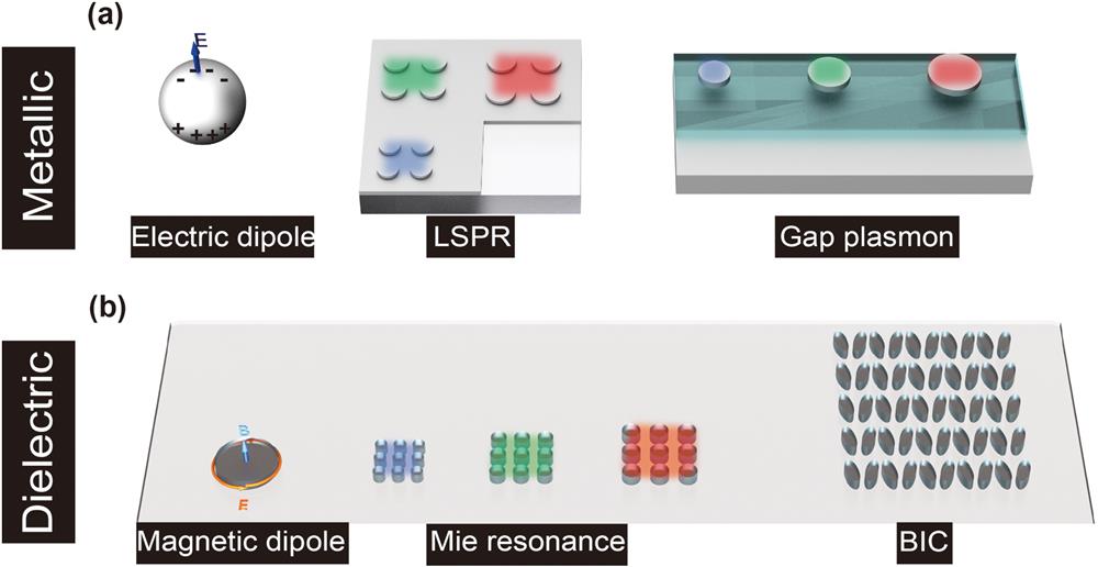 Physical model for producing structural color. (a) Electric dipole response of single metal nanosphere; schematic representation of color response of blue, green, and red achieved by arrays of metal nanodisks of different sizes and periods; model of metasurface achieving gap plasmonic mode. (b) Magnetic dipole response of a single dielectric nanodisk; schematic representation of the color response of blue, green, and red achieved by arrays of dielectric nanodisks of different sizes and periods; schematic representation of a metasurface capable of generating BIC modes.