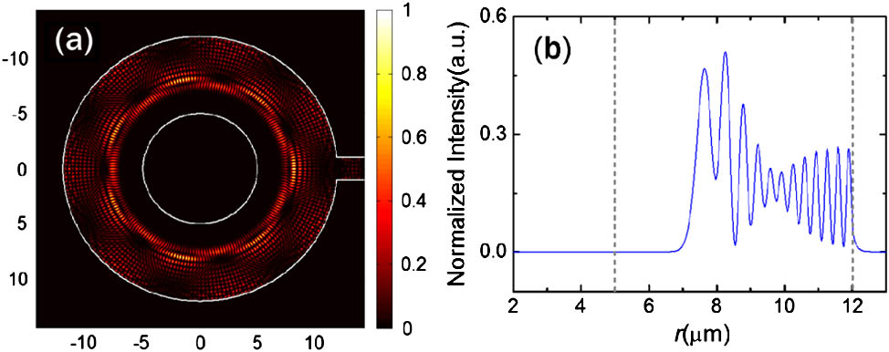 (a) Field distribution and (b) normalized radial intensity distribution F(r) for a high-Q coupled mode at 1553.2 nm in a microring resonator with a radius of 12 μm, an inner radius of 5 μm, and a 2 μm directly connected output waveguide.