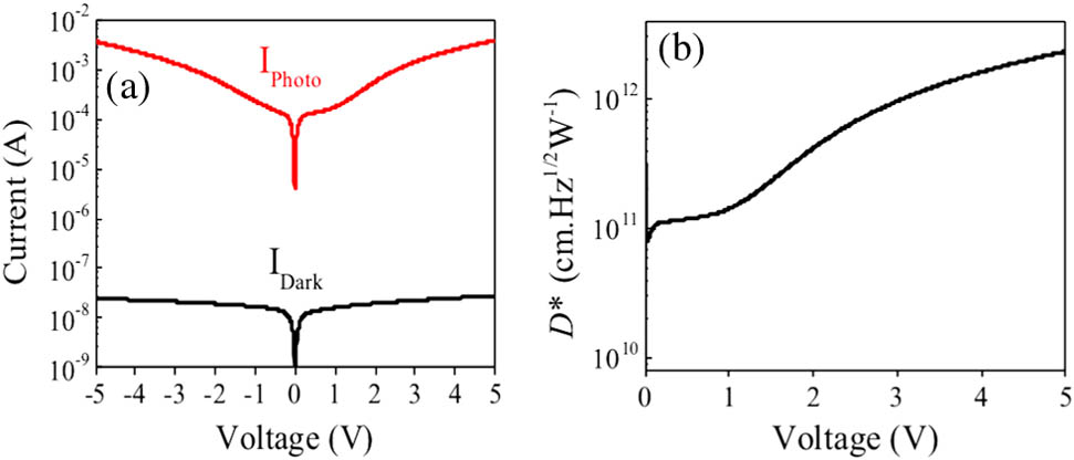 (a) I–V characteristics of device with 5 μm electrode spacing under illumination intensity of 100 mW/cm2; (b) detectivity of the device with 5 μm electrode spacing.