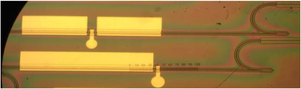 Photograph of two on-chip mode-locked lasers, using MIRs, with the SA at the two different locations.