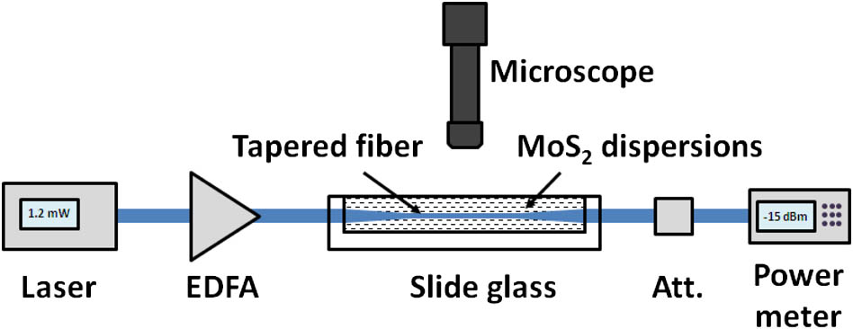 Experimental setup for ethanol catalytic MoS2 deposition on tapered fiber.