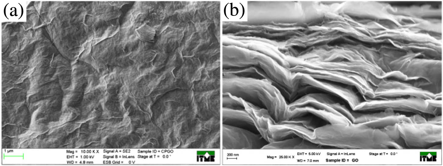 SEM images of (a) GO paper surface with a 1 μm scale bar and (b) cross section with a 200 nm scale bar.
