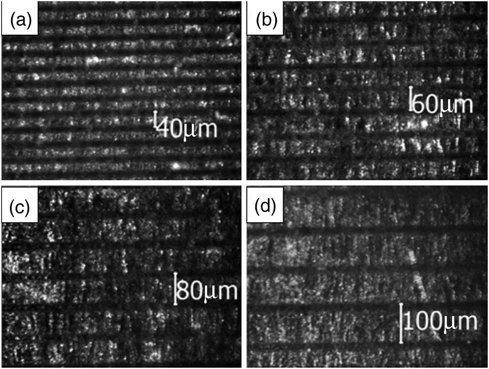 OM images of the treated AISI 304 stainless steels under different parameters: (a) 1000 μm/s scanning speed and 40 μm scanning interval, (b) 2000 μm/s scanning speed and 60 μm scanning interval, (c) 3000 μm/s scanning speed and 80 μm scanning interval, and (d) 4000 μm/s scanning speed and 100 μm scanning interval.