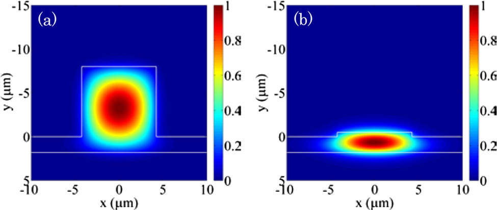 Mode profile distributions of quasi-TM mode inside the taper at (a) the fiber facet (rib width 8.5 μm, rib height 8 μm), and (b) the device end (rib width 8.5 μm, rib height 0.5 μm). The fundamental (left) and second-order (right) quasi-TM modes (see Visualization 1) for a fixed SU8 rib width of 8.5 μm, and the rib height varying from 14 to 0.5 μm is shown in the supplementary material.