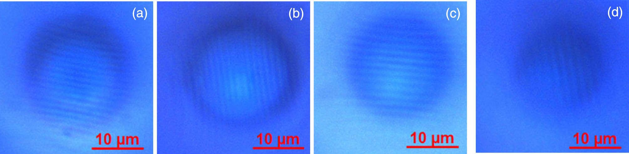 Images of the disk through the high index microsphere with a diameter of 24 μm fully immersed in liquid at different distance between the object and the microsphere: (a) 0, (b) 2.2, (c) 3.5, and (d) 5.4 μm.