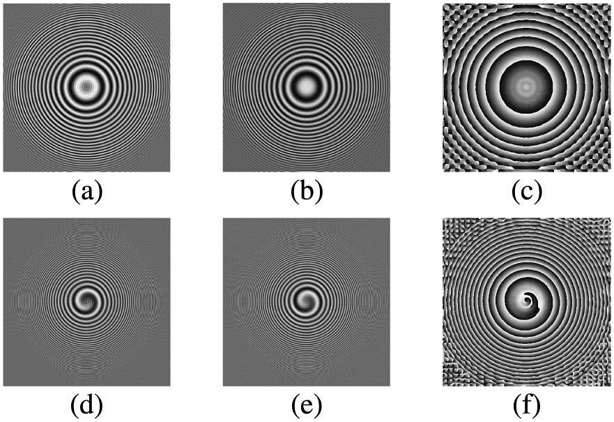 (a) Real part, (b) imaginary part, and (c) phase profile of the hologram recorded with the conventional OSH; (d) real part, (e) imaginary part, and (f) phase profile of the hologram recorded with the proposed SPP-OSH.