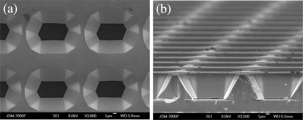 (a) Top-view and (b) cross-section SEM images of InGaN/GaN MQWs grown on a GaN microring structure.