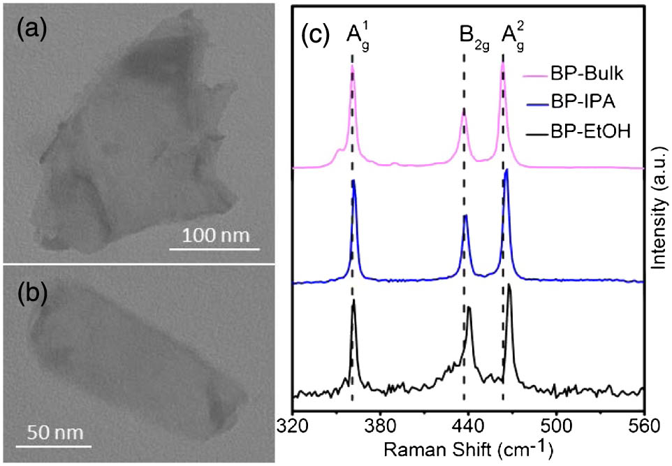 TEM images of BP nanoplatelets exfoliated in (a) IPA (BP-IPA) and (b) EtOH solution (BP-EtOH), (c) Raman spectra of the nanoplatelets in comparison to bulk BP.