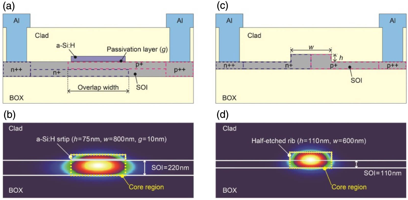 (a) Cross-sectional schematic of the proposed a-Si:H strip-loaded modulator. (b) Optical field of strip-loaded waveguide for 75 nm thick and 800 nm wide a-Si:H strip. (c) Cross-sectional schematic of a rib waveguide for conventional modulators. (d) Optical field of rib waveguide for 110 nm high and 600 nm wide rib.