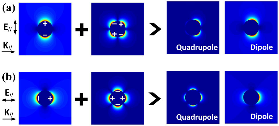 Superposition manners of the dipole and quadrupole modes. (a) The dipole mode couples with the odd symmetric quadrupole mode. (b) The dipole mode couples with the even symmetric quadrupole mode. The “dipole” in the pictures indicates that the dipole mode is dominant. The “quadrupole” in the pictures indicates that the quadrupole mode is dominant. For simple calculations, all distributions are calculated at the plane of y=0. E// and K// denote the component of the polarization and wave vector parallel to the graph, respectively.