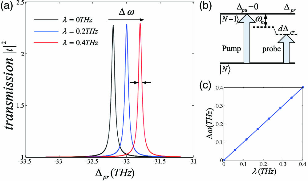 (a) Transmission spectrum of the probe beam as a function of the probe–pump detuning with different van der Waals coupling rates for the same molecules (GBT). We choose λ=0,0.2, and 0.4 THz; and Δp=0. The other parameters are Ωpu2=0.22 eV2, ω1=ω2=32.2 THz, g1=g2=70 GHz, κ/(2π)=33 THz, and γ1,2/(2π)=0.06 THz. (b) Energy levels of the coupled system corresponding to the transmission peak shift. (c) Linear relationship between frequency shift and coupling rate.