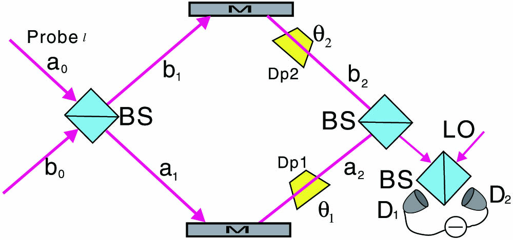 Scheme for the angular rotation measurement uses a coherent beam carrying OAM and a vacuum beam. The coherent beam comes from input-port a and has an OAM of lℏ and is detected by the method of HD. M, mirror; DP, Dove prism; LO, local beam.