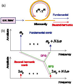 (a) Scheme of Kerr comb generation in a microcavity with simultaneous χ(2) and χ(3) nonlinearities. (b) Illustration of mode coupling between the fundamental and second-harmonic waves through sum (SFG) and difference (DFG) frequency generation.