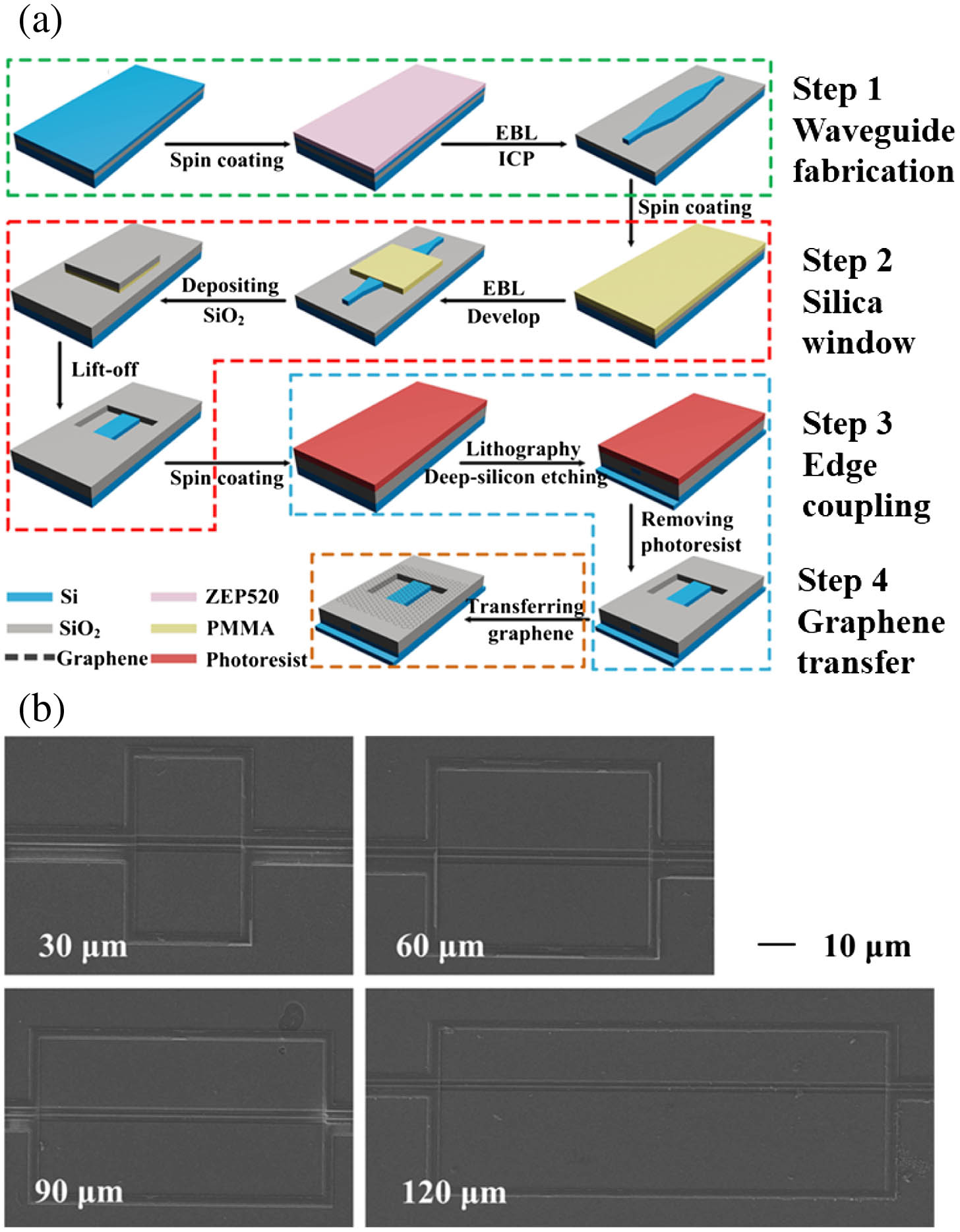 (a) Fabrication processes of the GOS waveguides; (b) SEM images of the GOS waveguides with different interaction lengths.