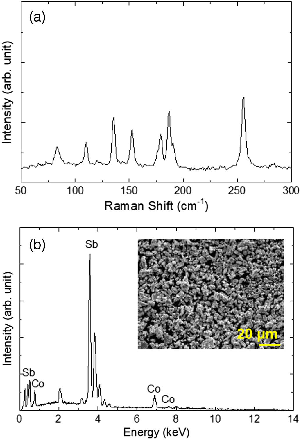 Measured (a) Raman spectrum and (b) energy-dispersive X-ray spectroscopy (EDS) profile of the cobalt antimonide (CoSb3) particle. Inset: measured SEM image of the prepared CoSb3 powder.