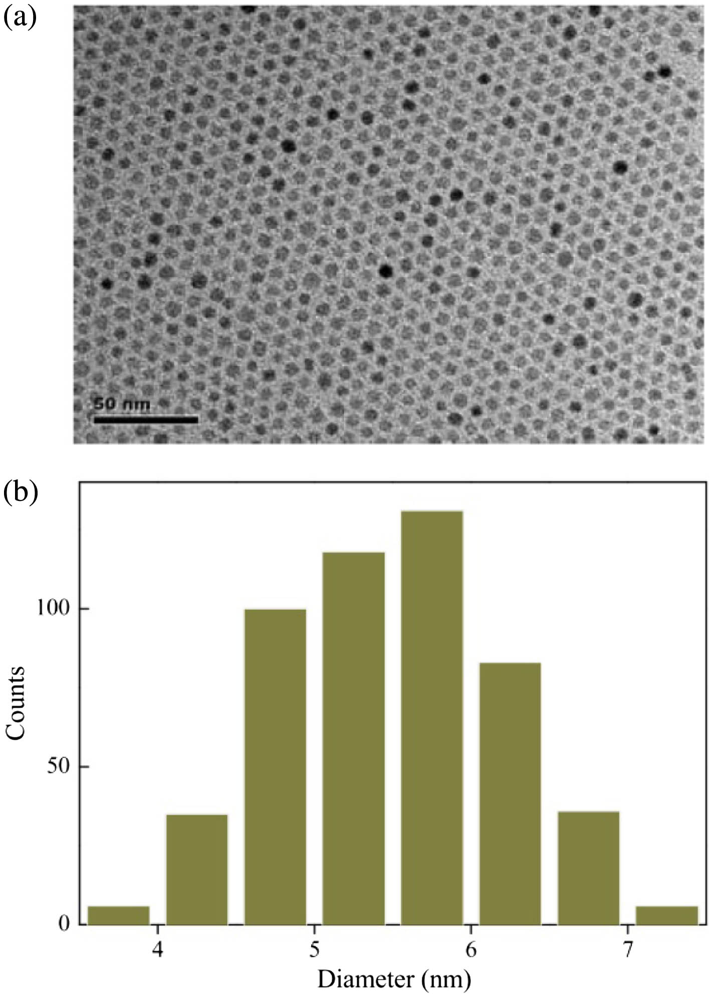 (a) TEM image and (b) corresponding size distribution histogram of PbS QDs.